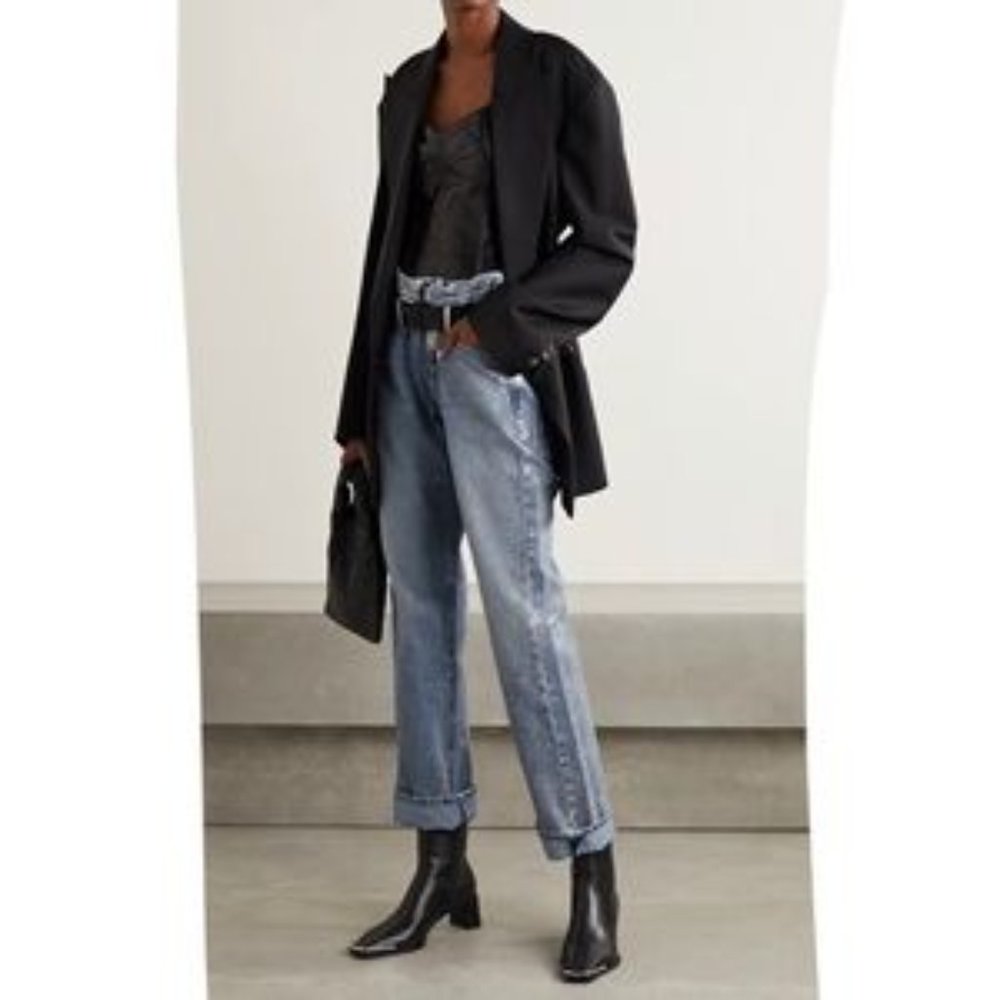 RtA Dexter Half Belt Mid Rise Straight Crop in Light Metallic Silver